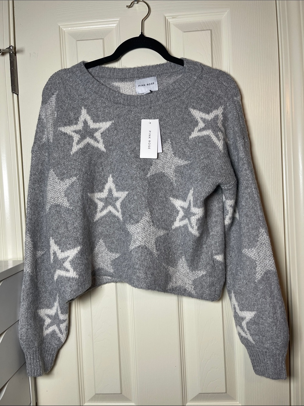Pink Rose Gray Star Pattern Crewneck Sweater